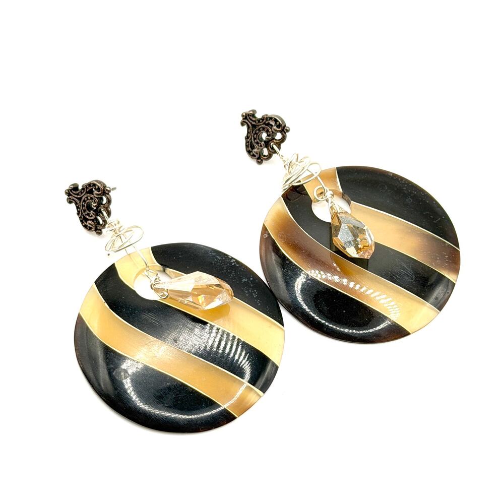 Vintage 90s Sterling Silver Black Tan Striped Resin Tribal Maximal Drop Earrings